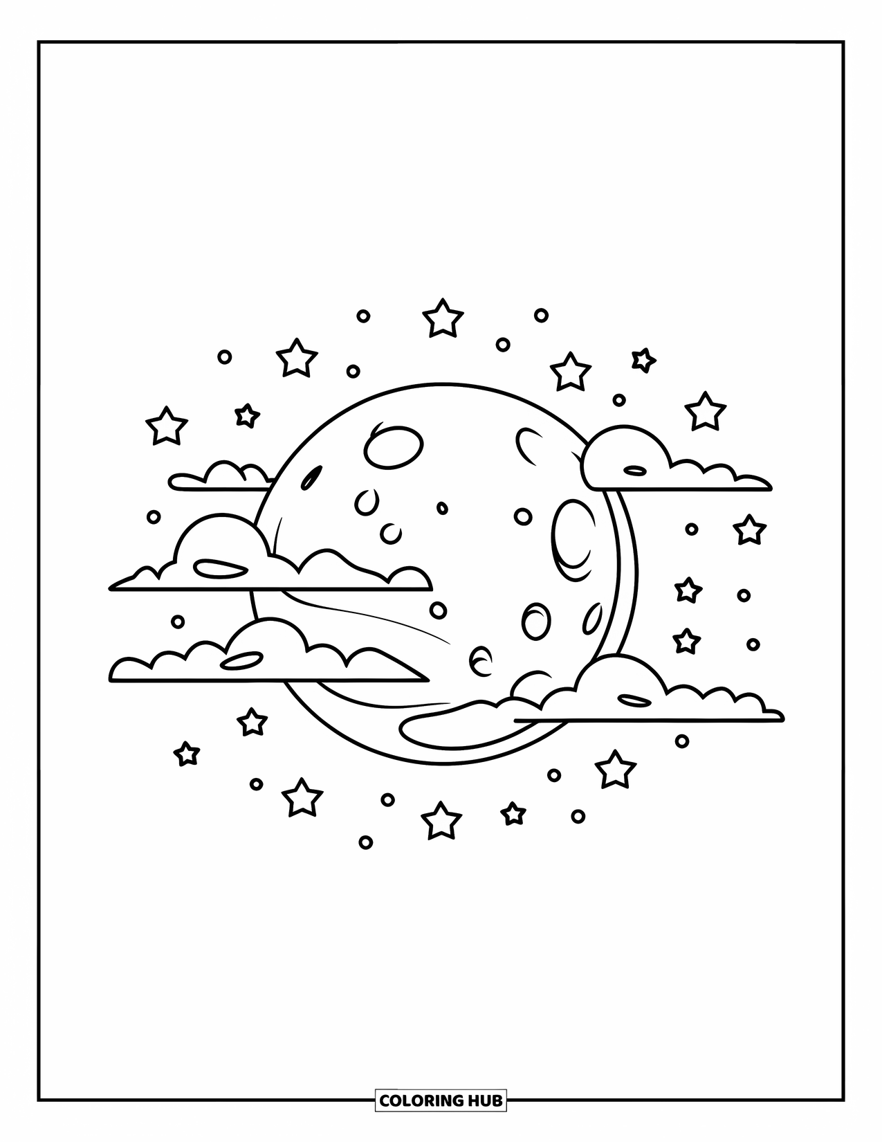 Moon And Stars Coloring Page for Kids: Stars circle around a cloudy moonlit sky