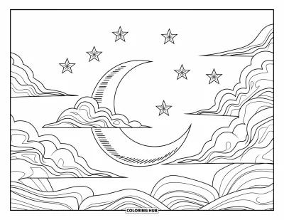 Coloriage de la lune et des étoiles pour enfants : Des nuages tourbillonnants encadrent un croissant de lune et des étoiles