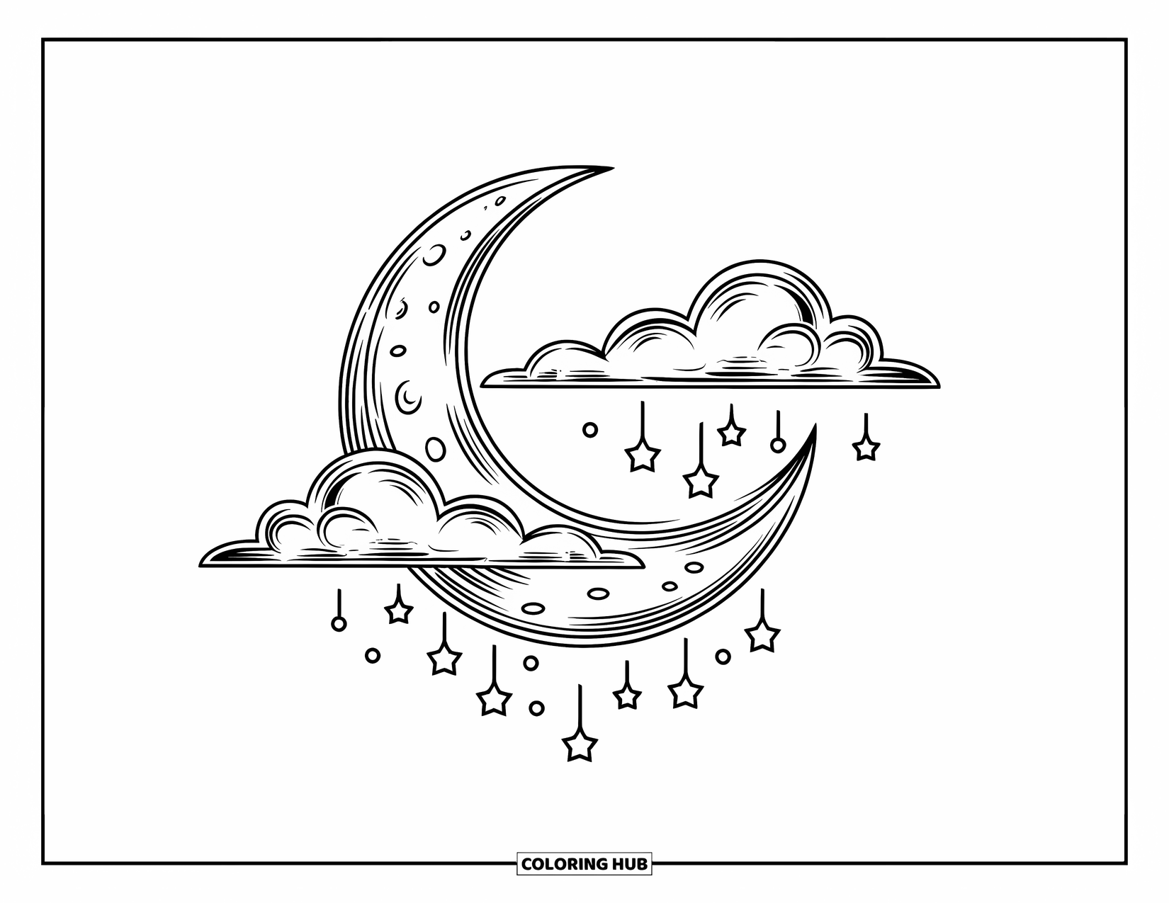 Moon And Stars Coloring Page for Kids: Textured moon with clouds and scattered falling stars