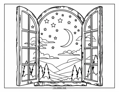 Coloriage de la lune et des étoiles pour enfants : Vue par une fenêtre d'un croissant de lune et d'un ciel étoilé