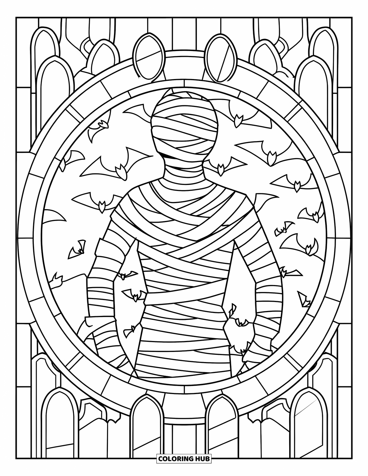 Mummy Coloring Page for Adults: A bandaged mummy rests in a circular stained glass design of tombstones and bats