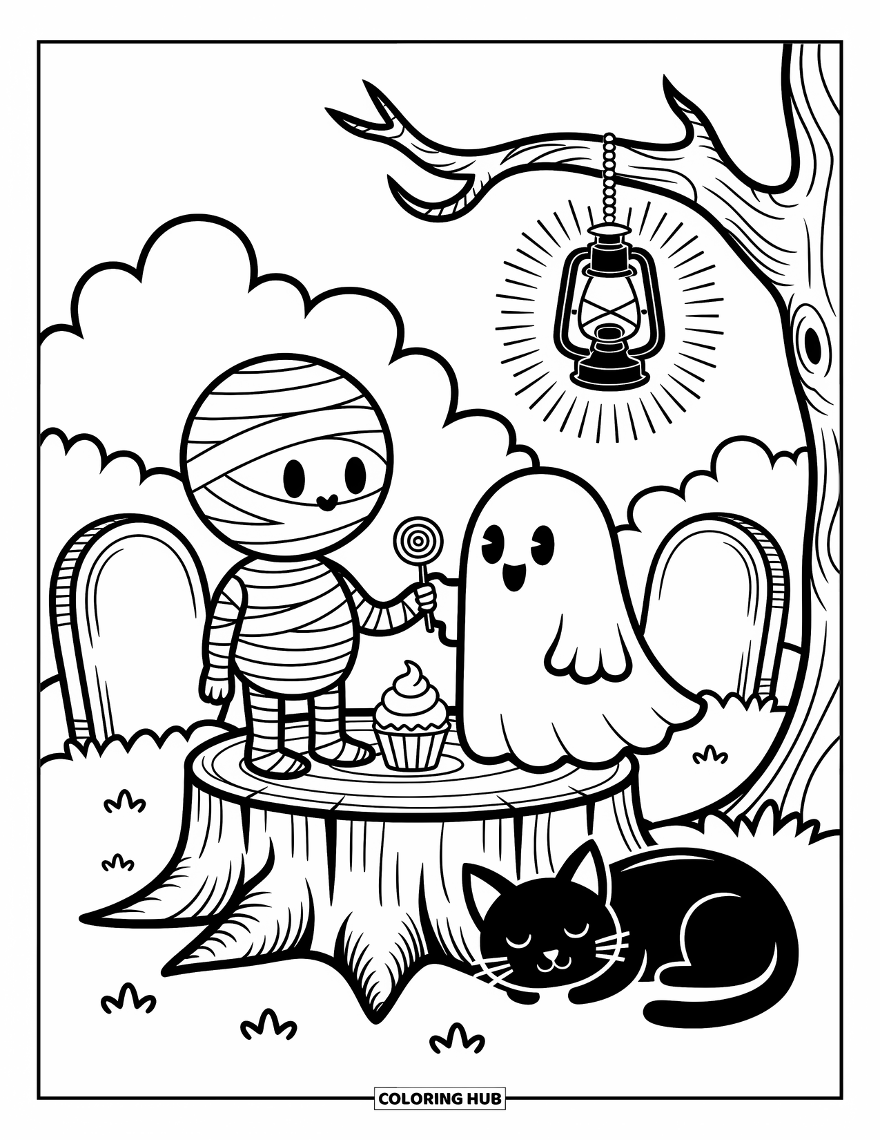 Mummy Coloring Page for Adults: A mummy and ghost share treats on a tree stump in a cozy graveyard