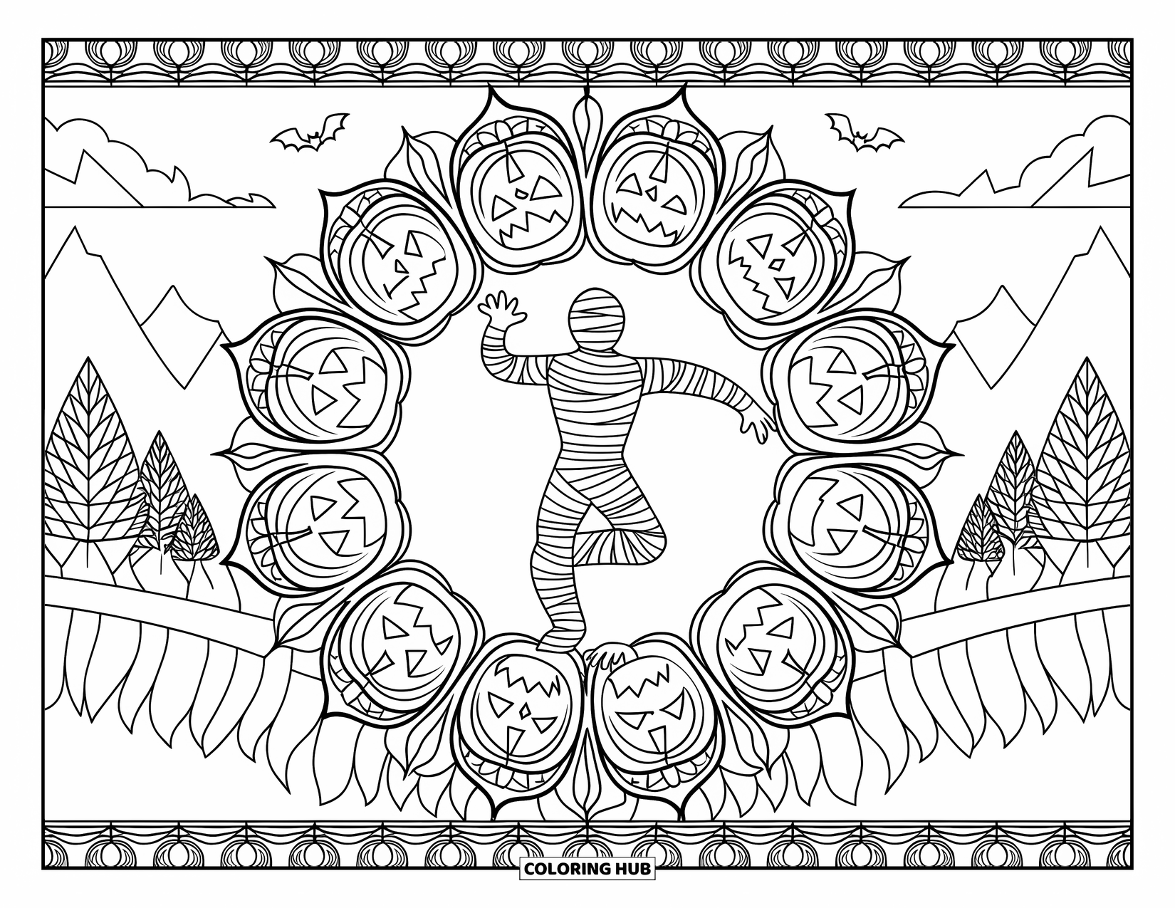 Mummy Coloring Page for Adults: A mummy dances inside a mandala of jack-o'-lanterns and ravens with mountains in view