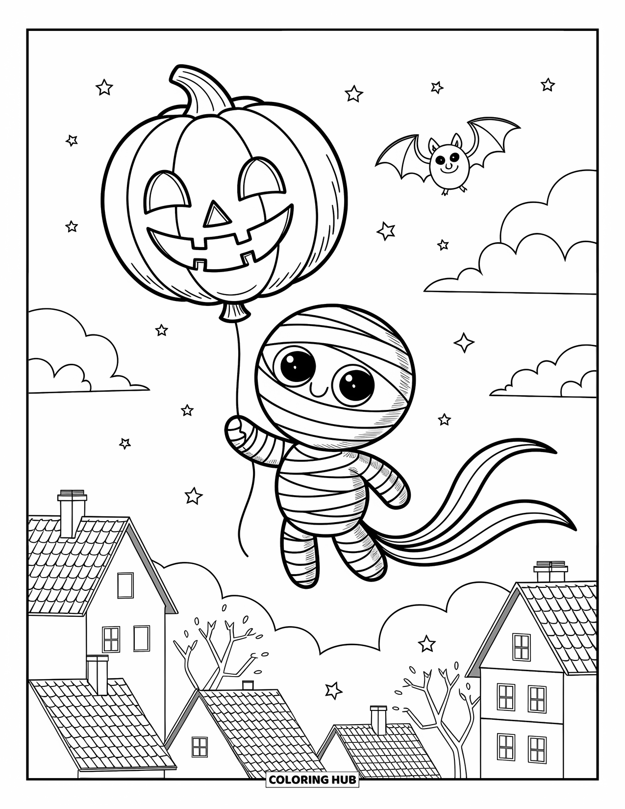 Mummy Coloring Page for Adults: A mummy floats with a pumpkin balloon above rooftops and bare trees at twilight