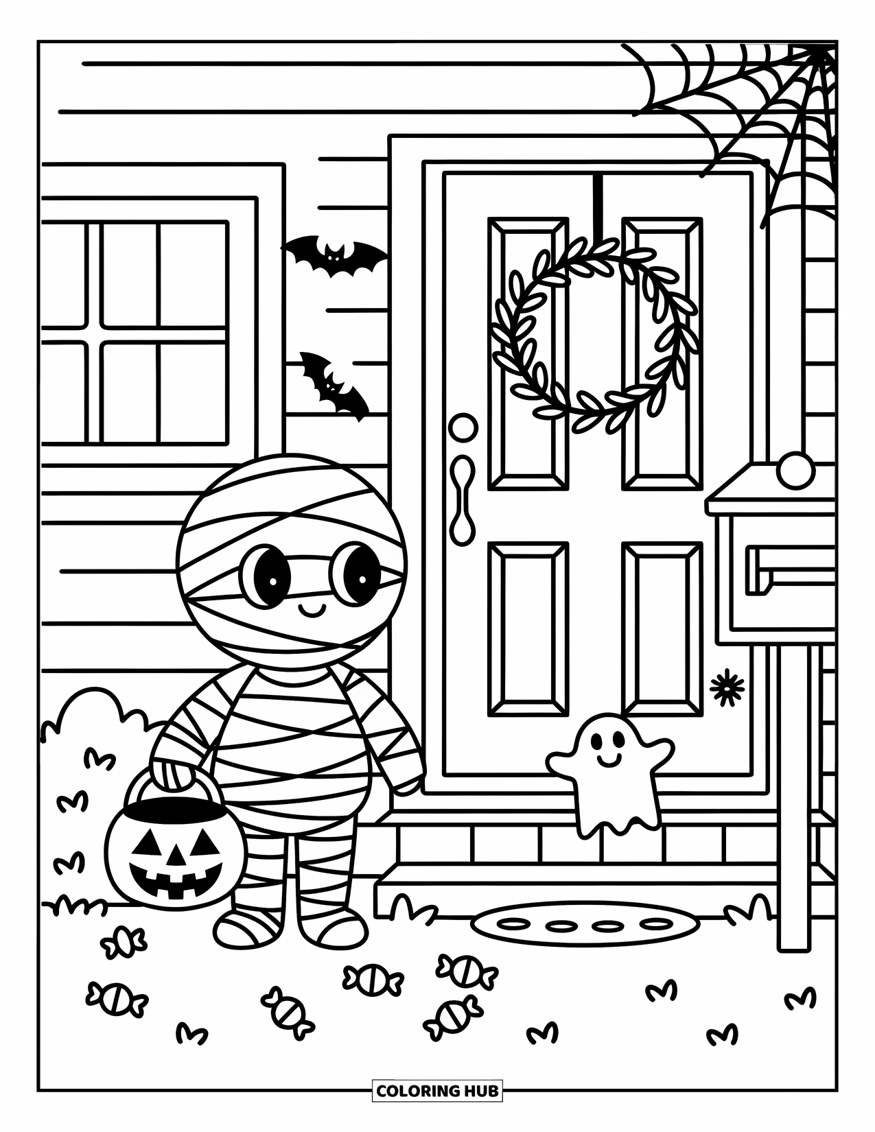 Mummy Coloring Page for Adults: A mummy holds a bat-shaped pail near a porch with candy and floating ghost nearby