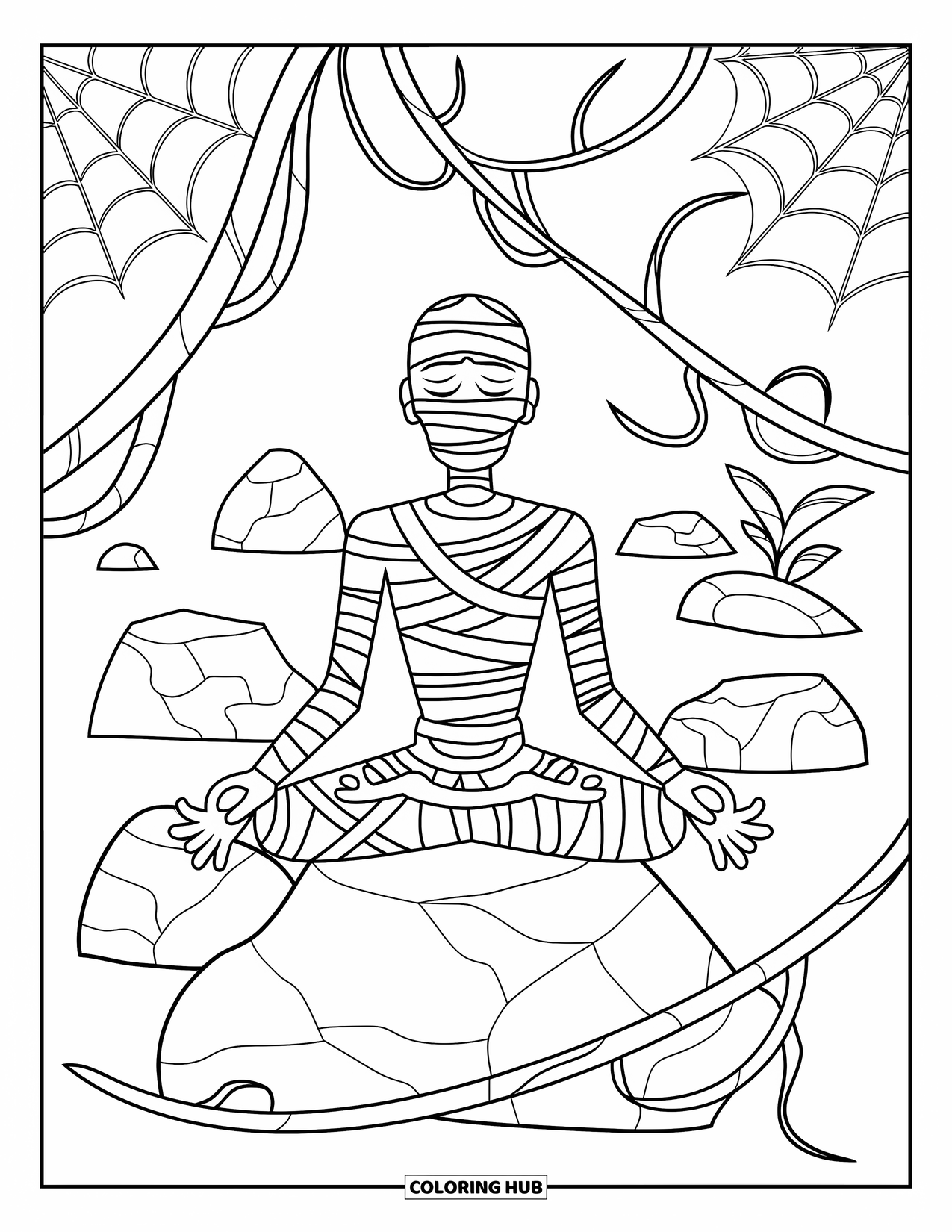 Mummy Coloring Page for Adults: A mummy sits calmly on a rock with cobwebs, vines, and scattered plants around