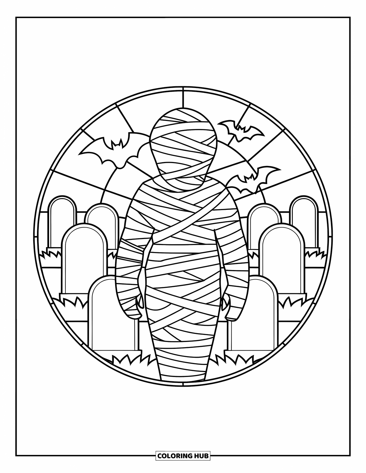 Mummy Coloring Page for Adults: A mummy stands in a white stained glass circle filled with bats and tombstones