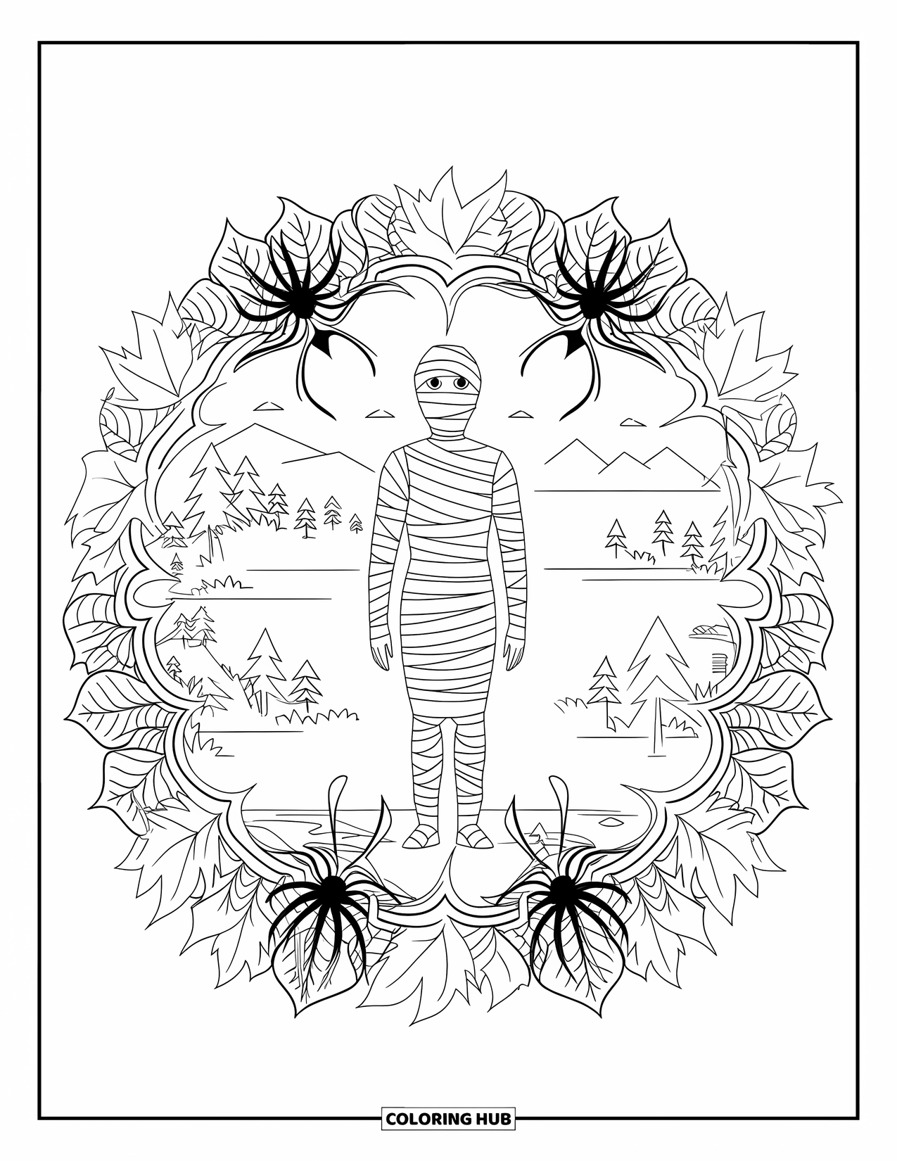 Mummy Coloring Page for Adults: A mummy stands wrapped in leaves and lilies, with mountains and water behind