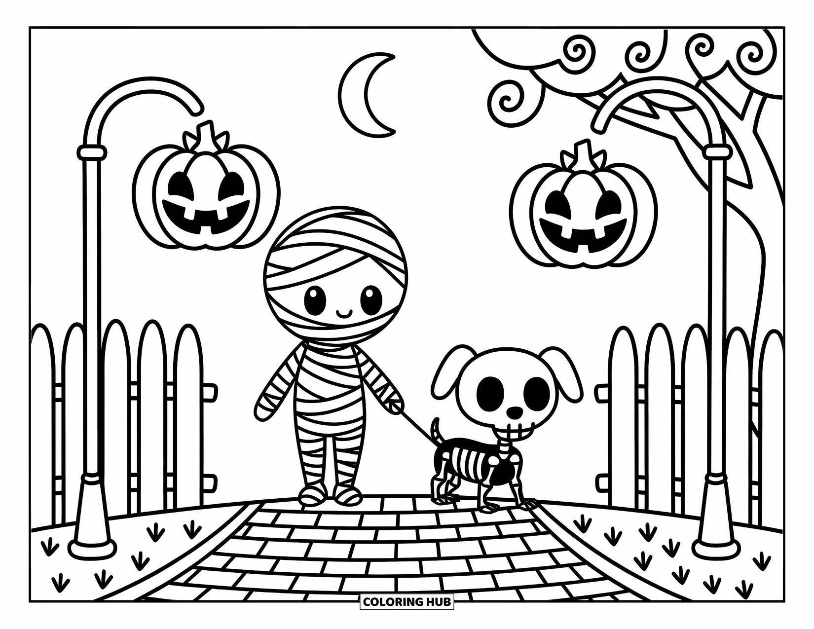Mummy Coloring Page for Adults: A mummy walks with a tiny skeleton dog under pumpkin lamps and a crescent moon