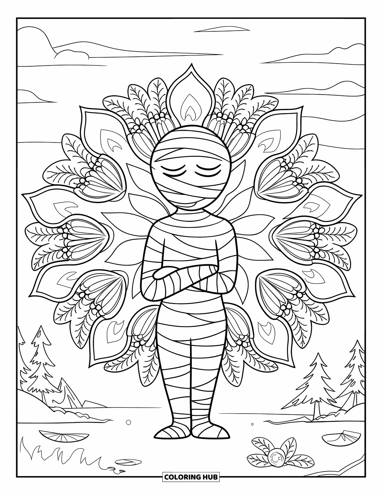 Mummy Coloring Page for Adults: A serene mummy stands within a floral mandala of spider lilies and autumn leaves
