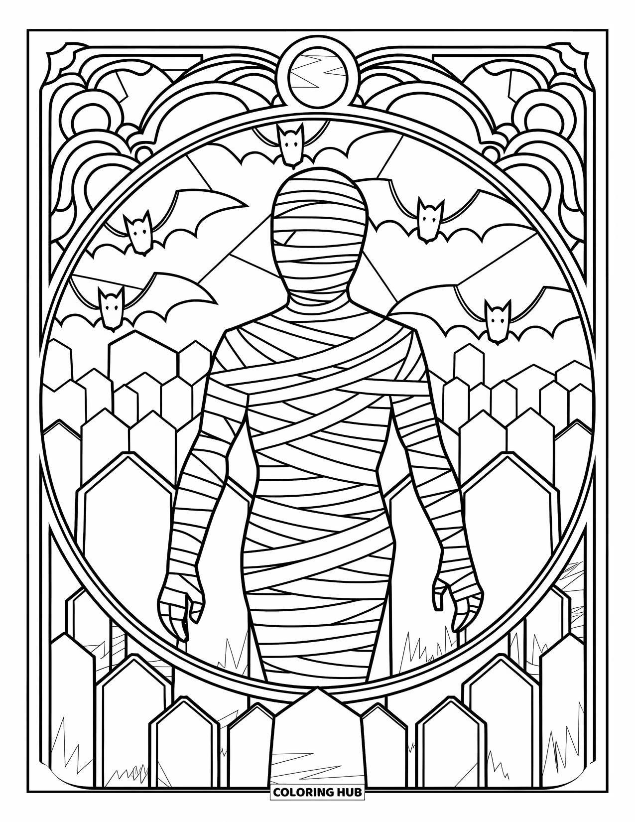 Mummy Coloring Page for Adults: A wrapped mummy is framed by tombstones and bats inside a circular stained glass design