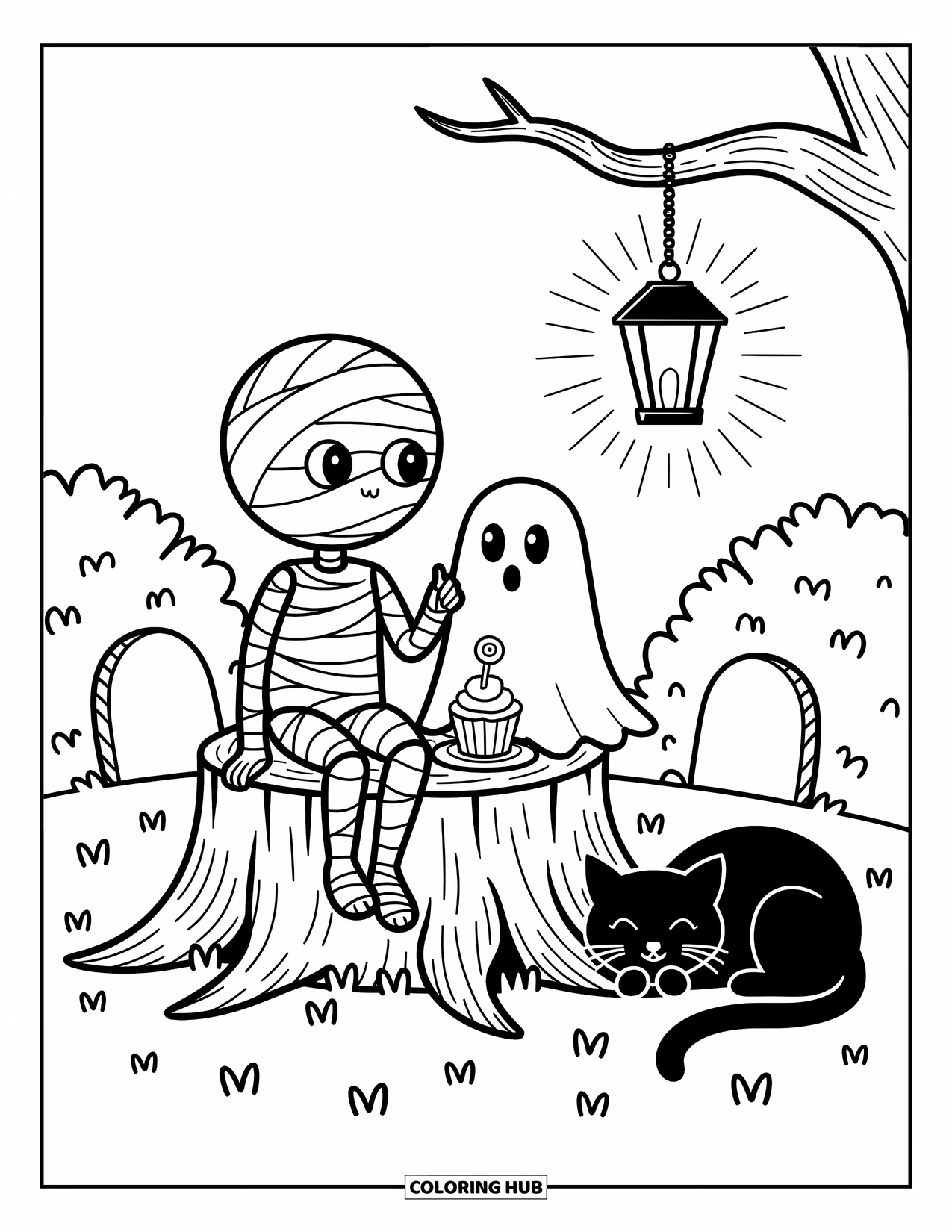 Mummy Coloring Page for Adults: The mummy and ghost sit together with candy near a glowing lantern and sleepy cat