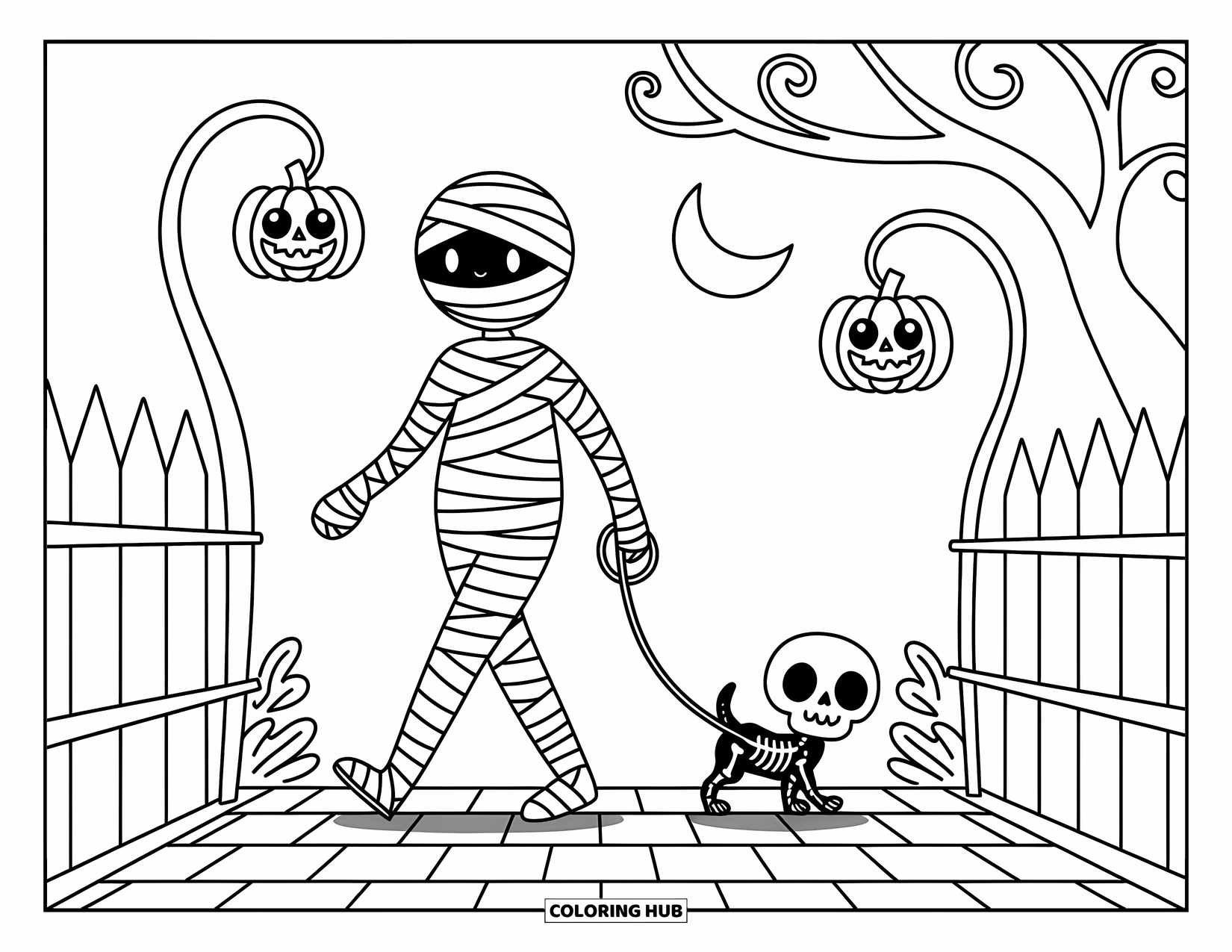 Mummy Coloring Page for Adults: The mummy strolls with a skeleton pup under pumpkin lamps and a crescent moon