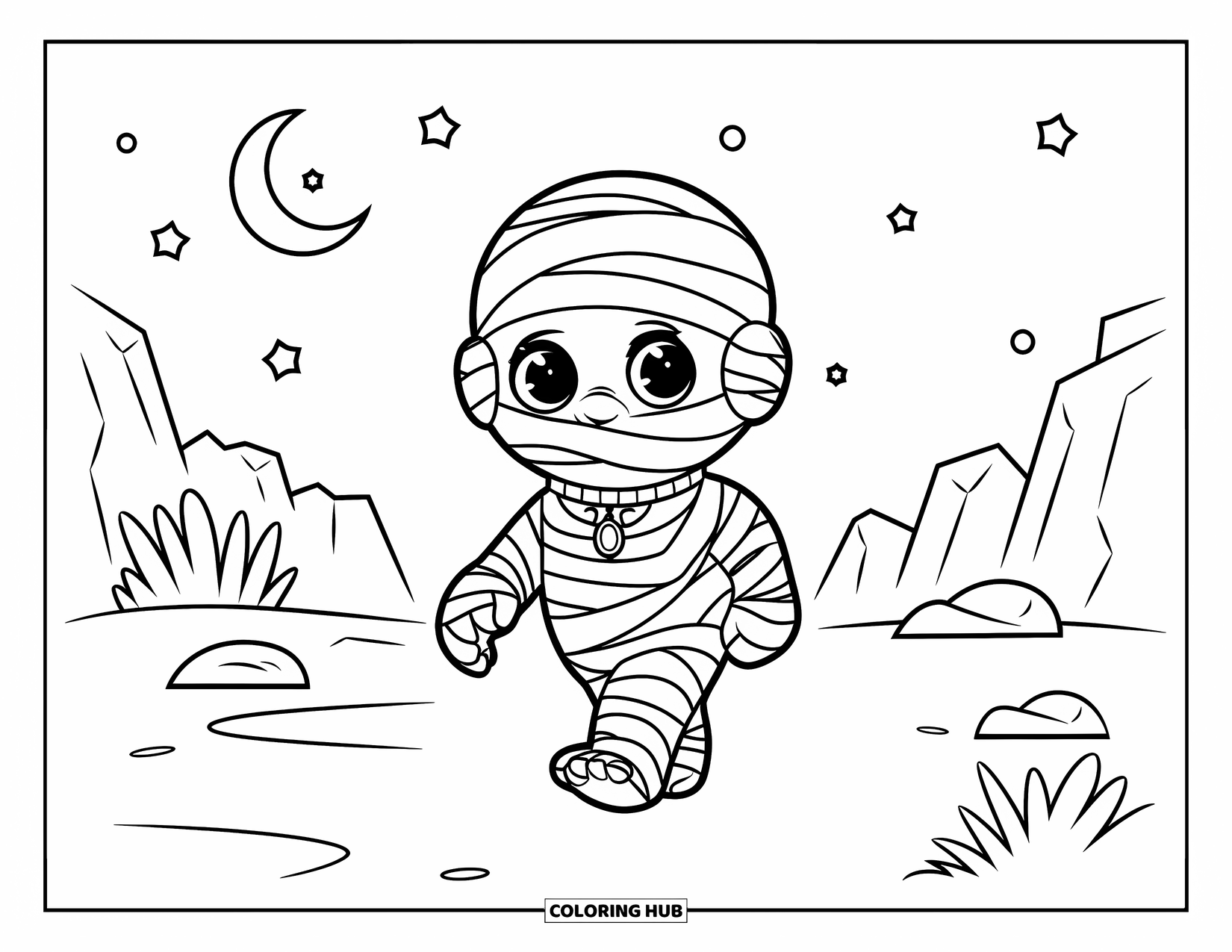 Mummy Coloring Page for Kids: A baby mummy walks beneath the stars across a quiet desert path