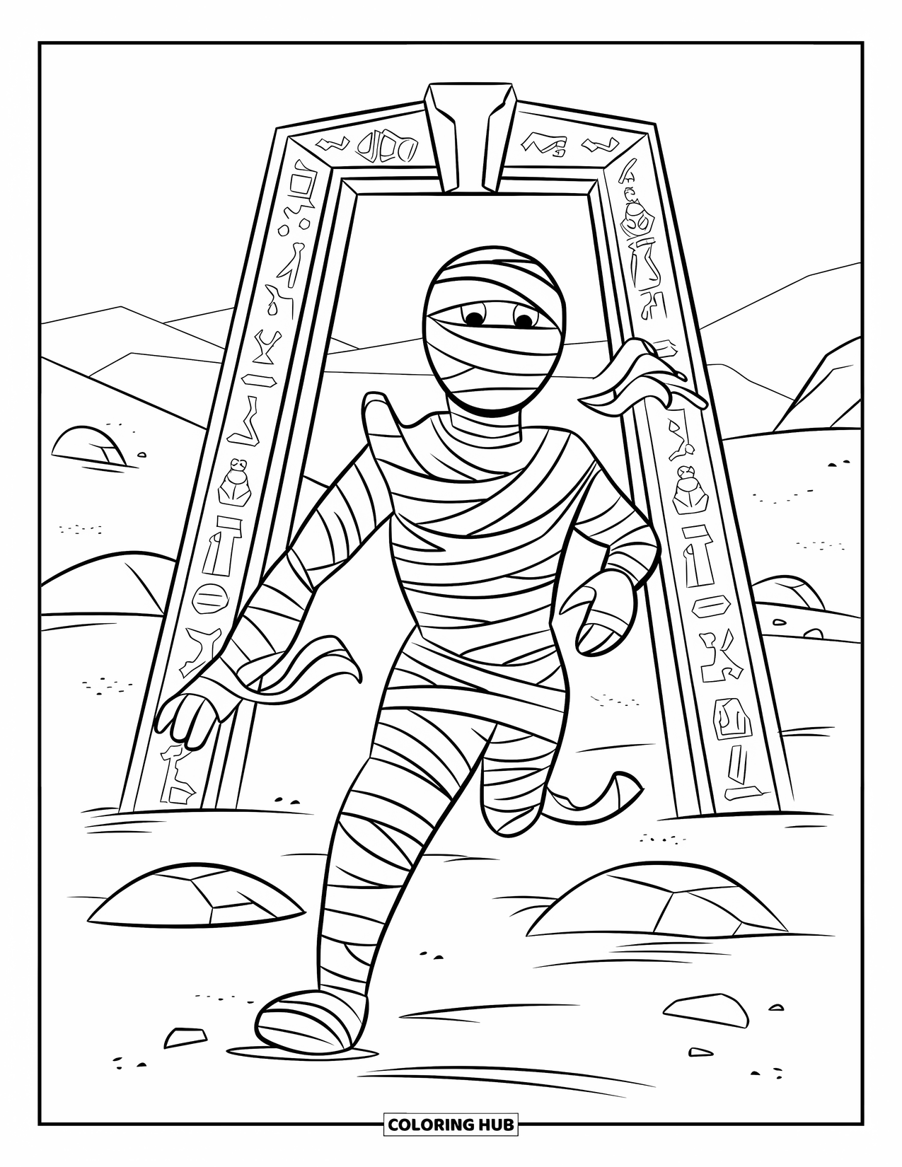 Mummy Coloring Page for Kids: A mummy flees an ancient tomb as wind stirs its unraveling bandages