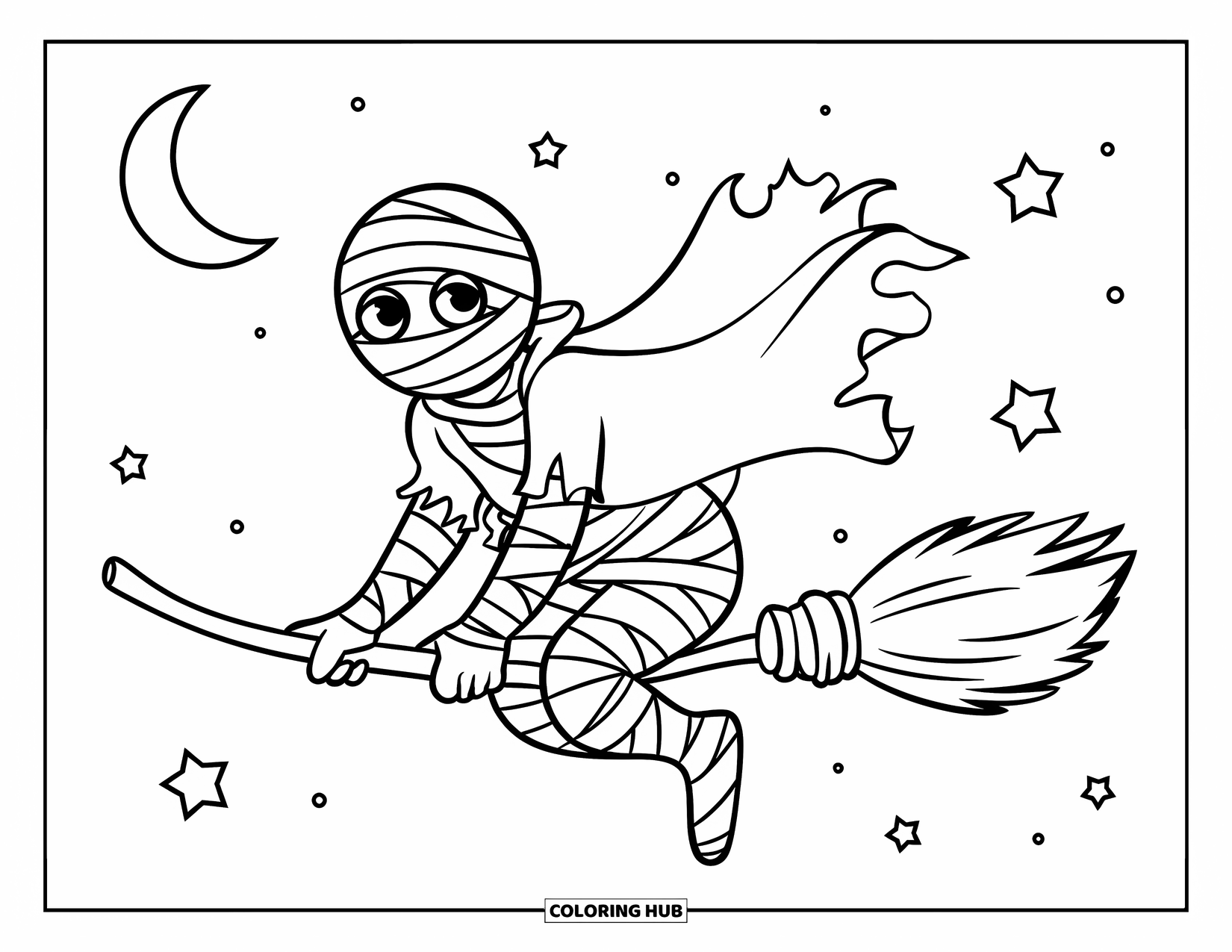 Mummy Coloring Page for Kids: A mummy flies on a broomstick through the night sky full of stars