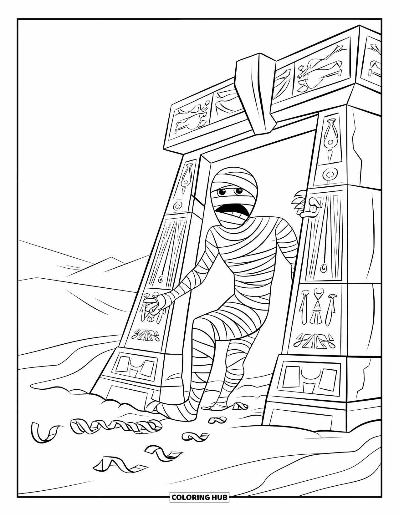 Mummy Coloring Page for Kids: A mummy leaves a tomb in the desert, bandages fluttering in the breeze