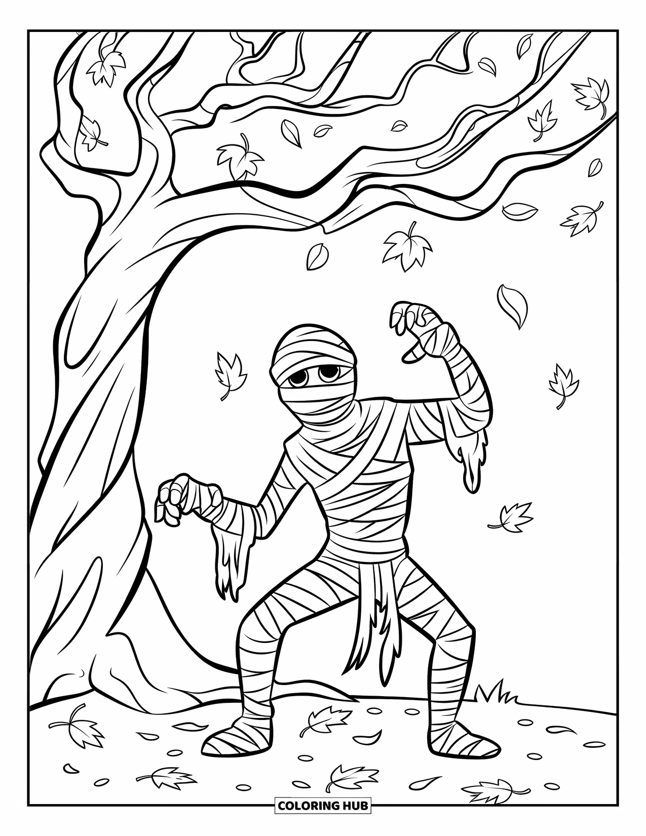 Mummy Coloring Page for Kids: A mummy poses under a twisted tree as autumn leaves fall gently around it