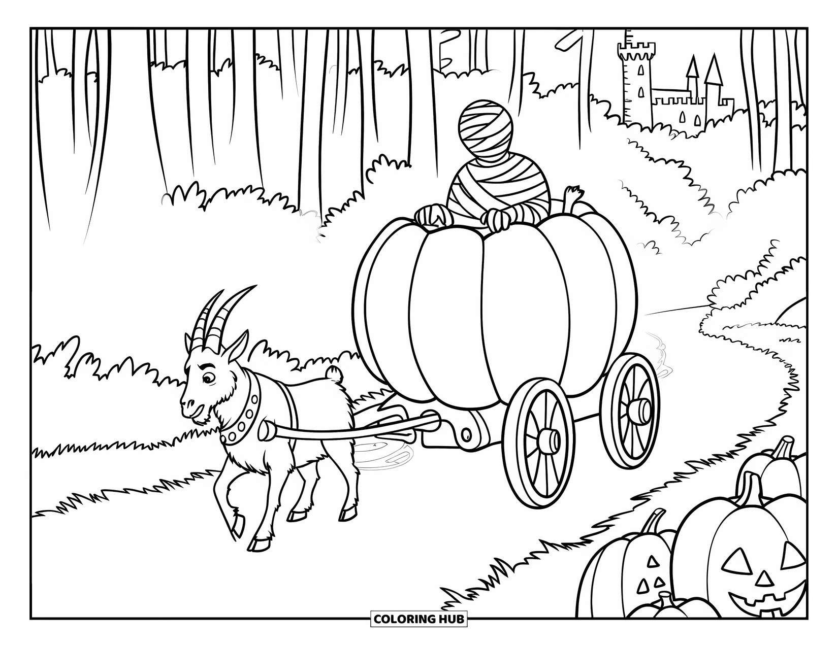 Mummy Coloring Page for Kids: A mummy rides a pumpkin wagon past pumpkins and misty trees toward a distant castle