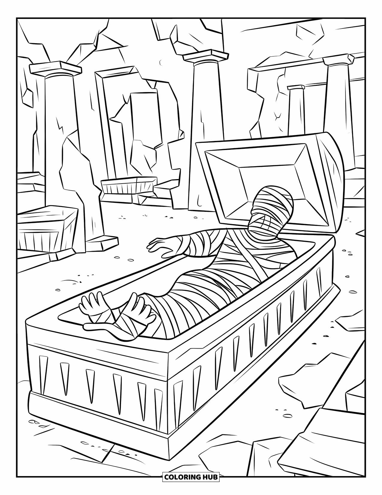 Mummy Coloring Page for Kids: A mummy rises from a broken tomb, surrounded by ancient pillars and fallen stones