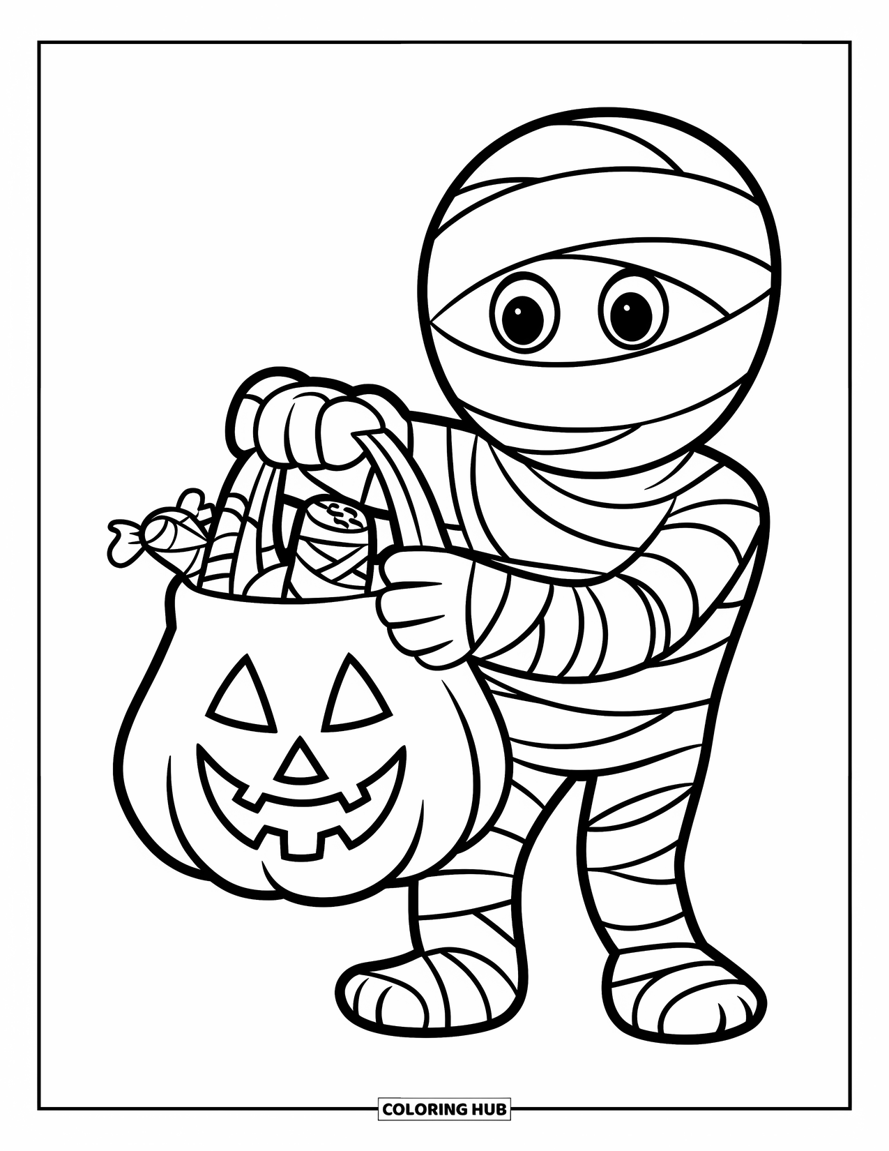 Mummy Coloring Page for Kids: A mummy smiles while holding a bag full of Halloween candy