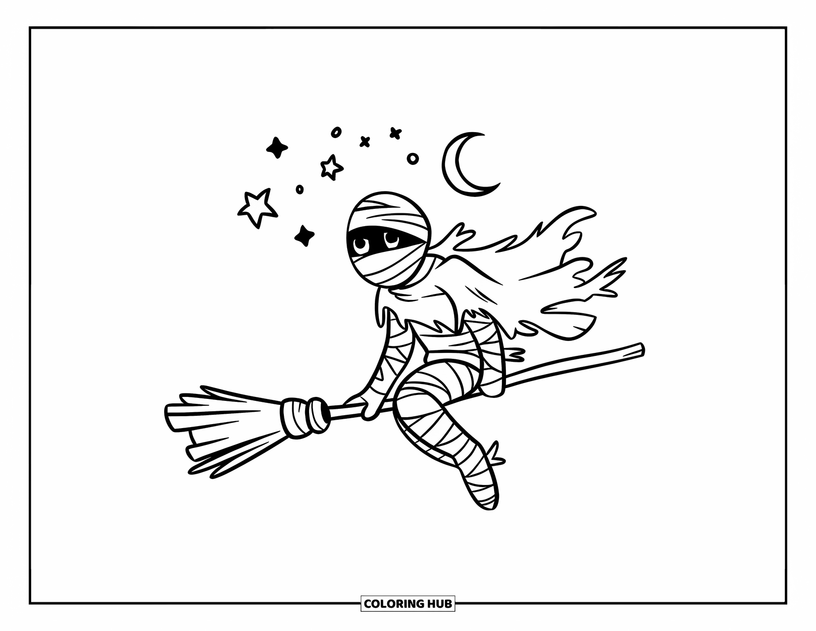Mummy Coloring Page for Kids: A mummy soars through the night sky on a broomstick with stars above