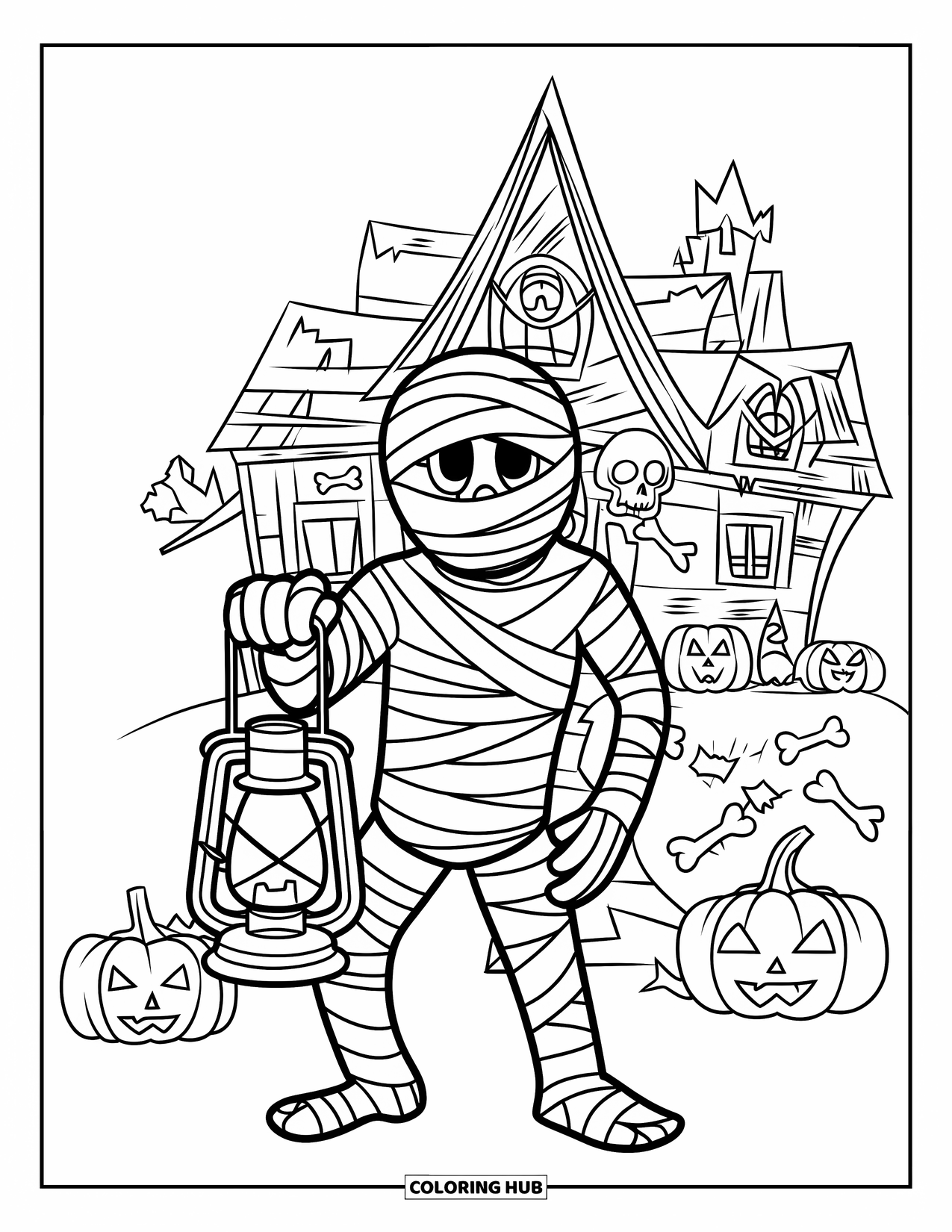Mummy Coloring Page for Kids: A mummy stands near a haunted house, lantern raised among pumpkins and spooky trees