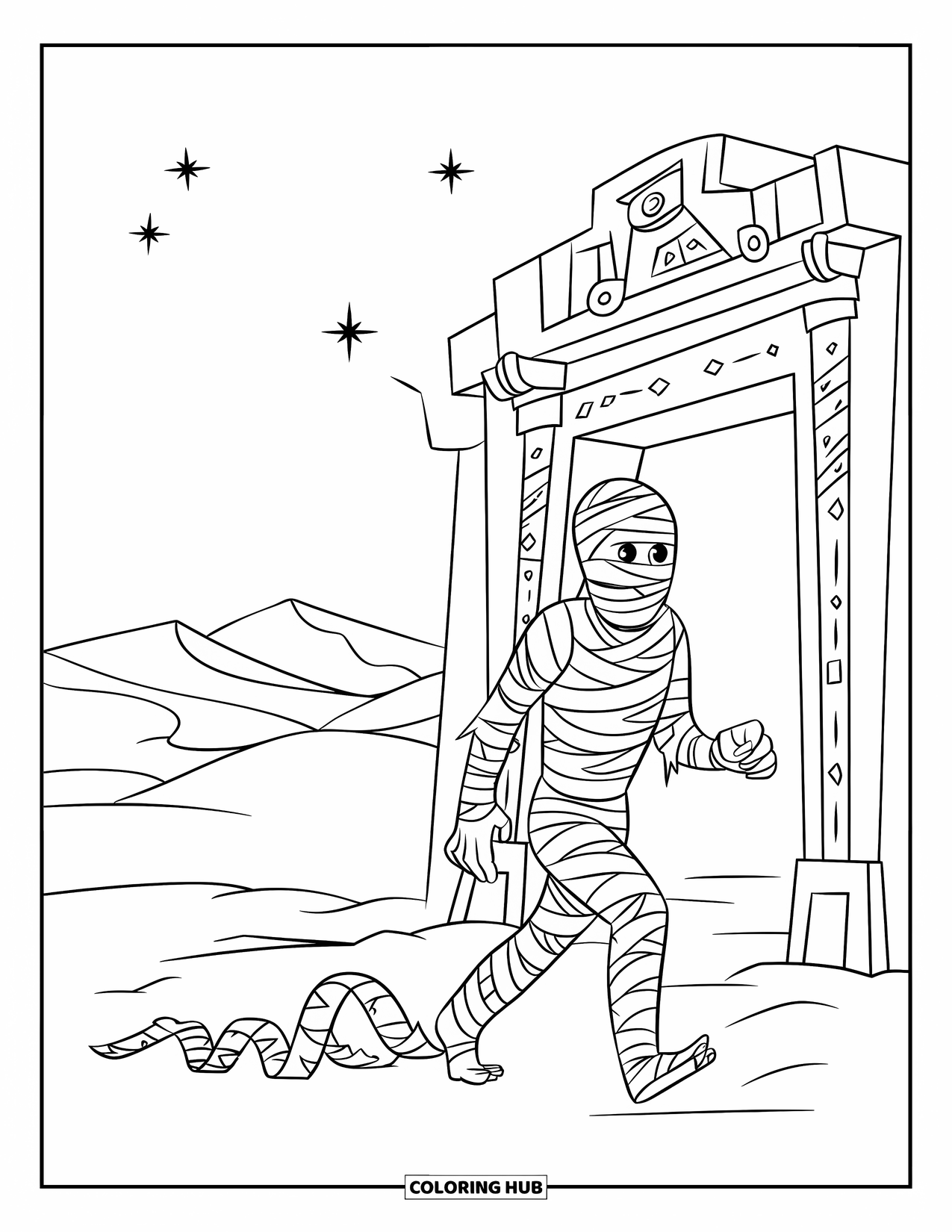 Mummy Coloring Page for Kids: A mummy walks out of a tomb, leaving a trail of bandages in the sand
