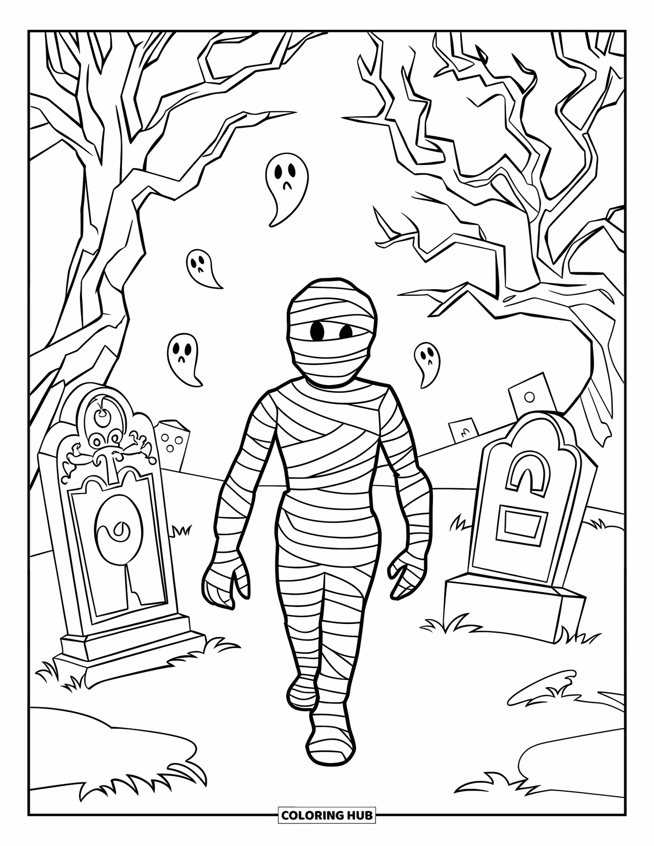 Mummy Coloring Page for Kids: A mummy walks through a graveyard filled with spooky trees and glowing ghosts
