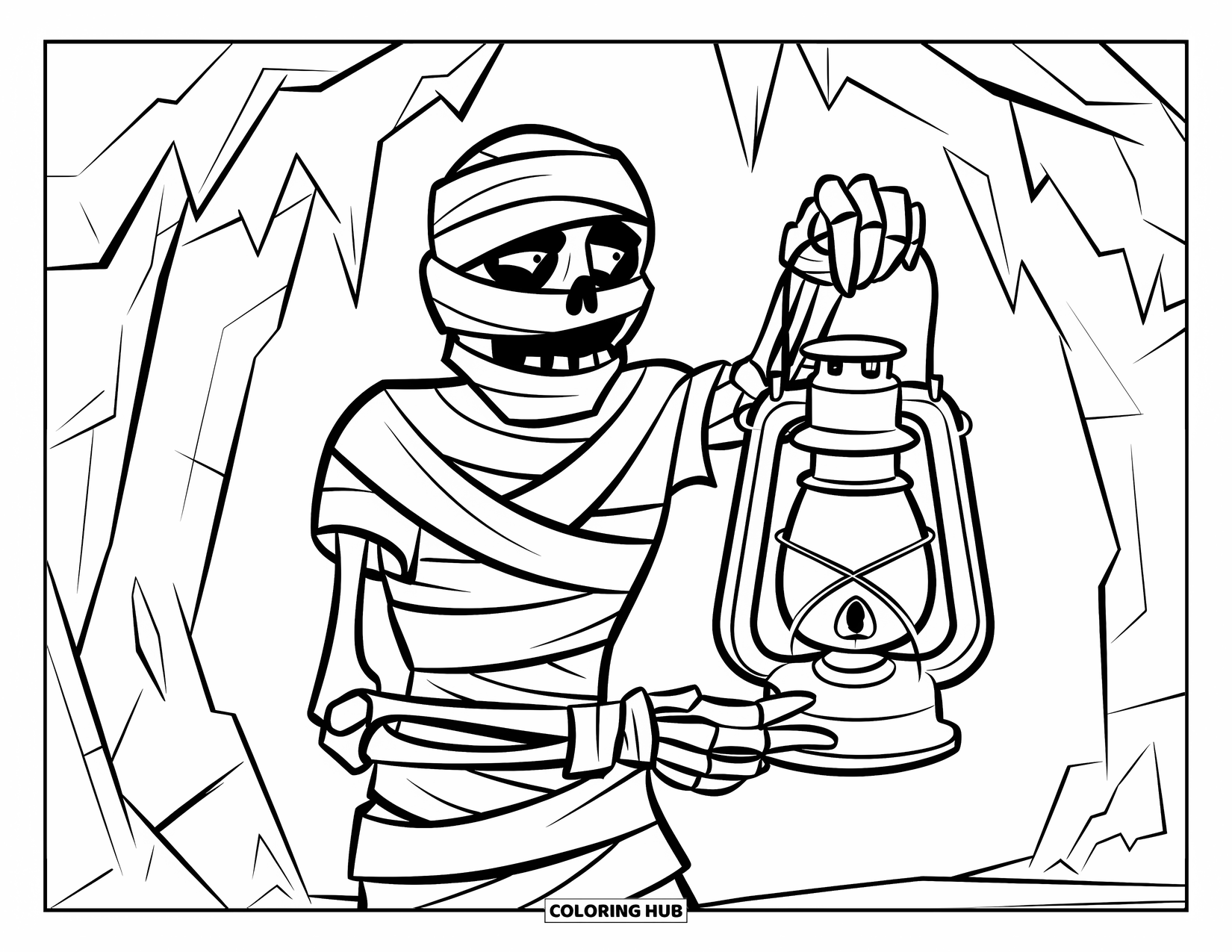 Mummy Coloring Page for Kids: A mummy with a skull head lights its path through a shadowy, rocky cave