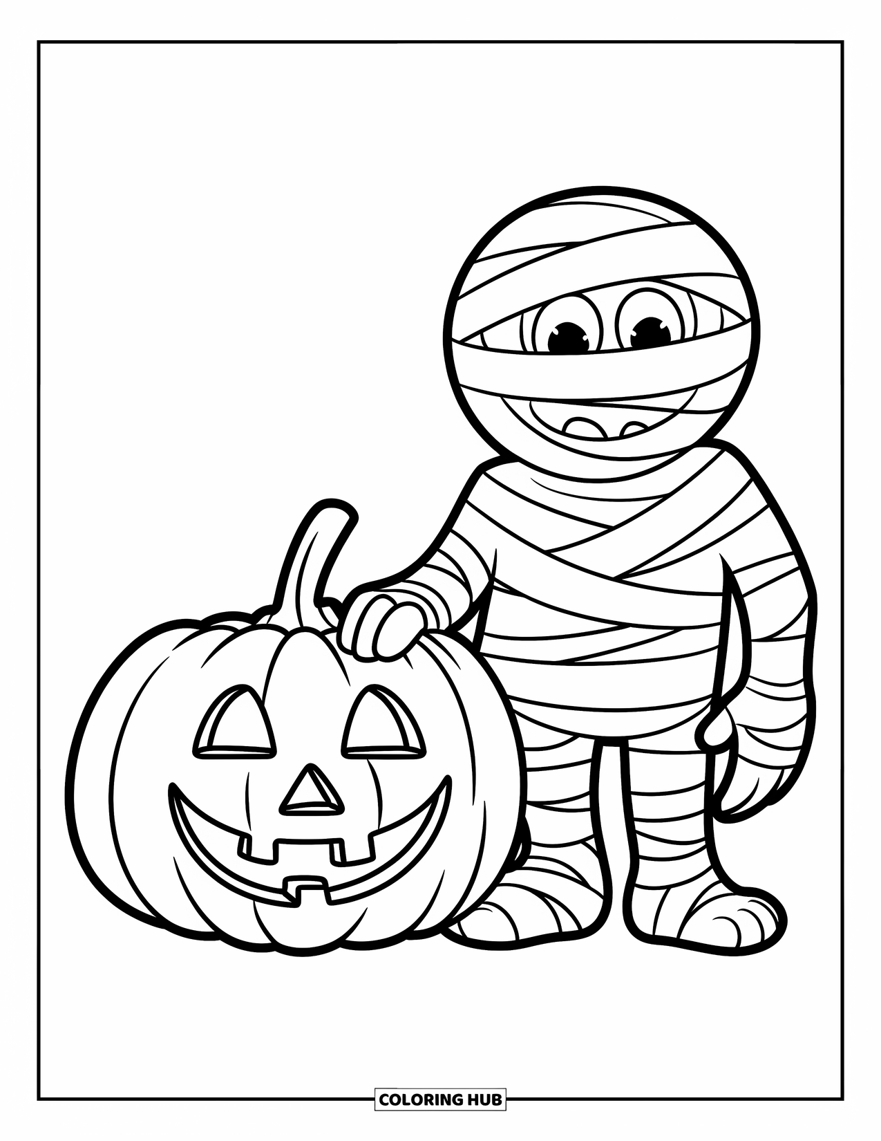 Mummy Coloring Page for Kids: A smiling mummy stands beside a cheerful jack-o'-lantern under a quiet night sky