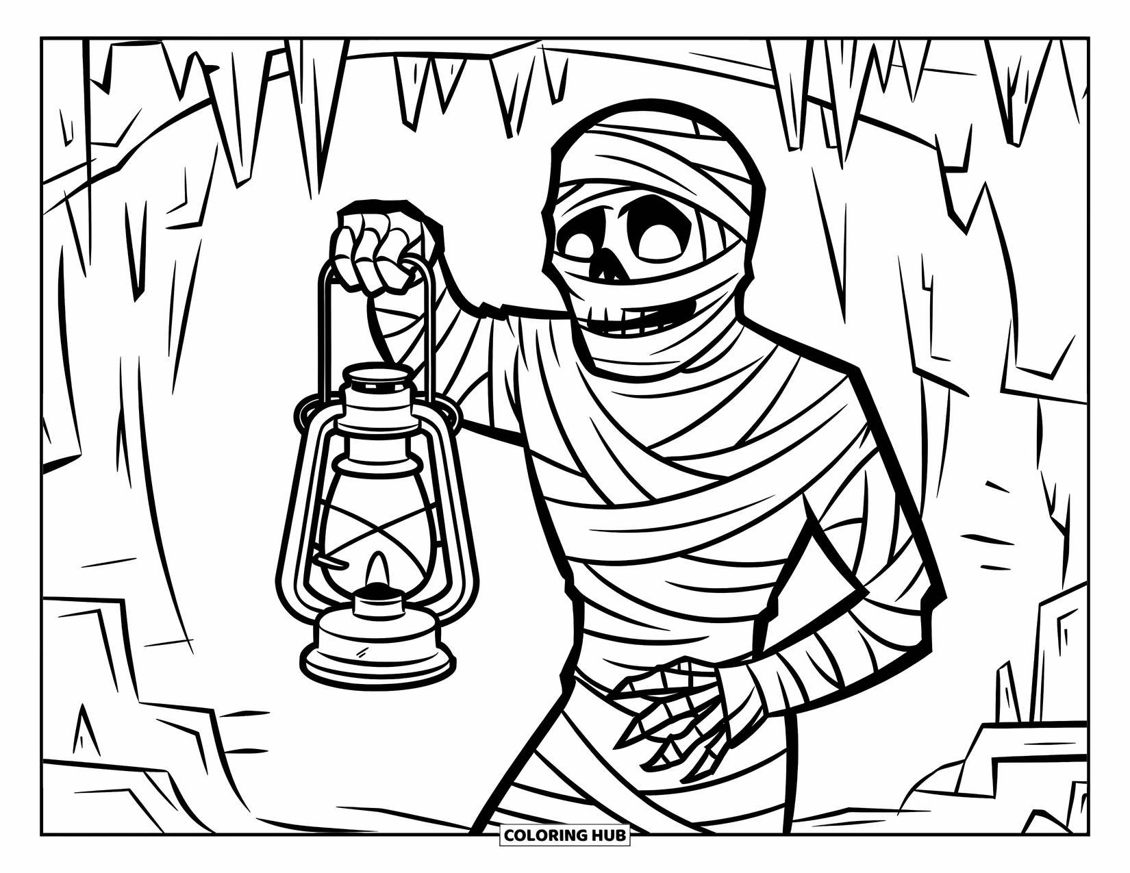 Mummy Coloring Page for Kids: The mummy holds a lantern inside a cave filled with stalactites and rocky walls