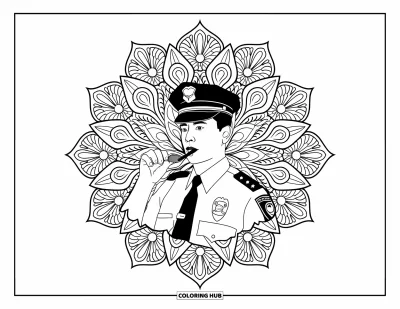 Tegning af politibetjent til voksne: Betjent med fløjte med indviklede mandala-blomster bag sig