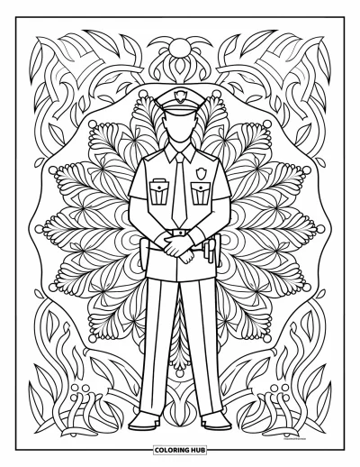 Tegning af politibetjent til voksne: Betjent i uniform omgivet af blade, blomster og ranker