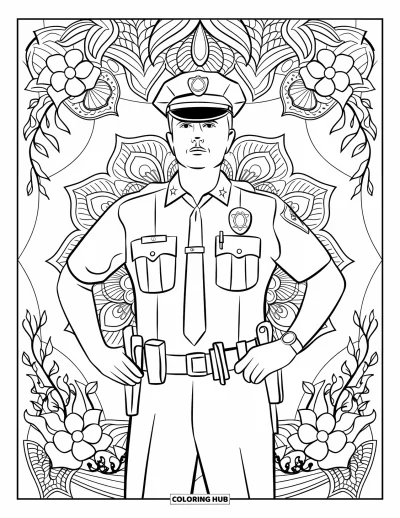 Tegning af politibetjent til voksne: Betjent i uniform inden i botaniske mandala-mønstre