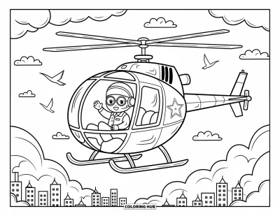 Tegning af politibetjent til voksne: Betjent, der vinker fra en helikopter med skyer, fugle og by nedenunder