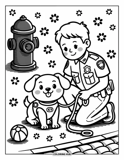 Tegning af politibetjent til voksne: Betjent med smilende politihund, snor, brandhanebeholder og potespor