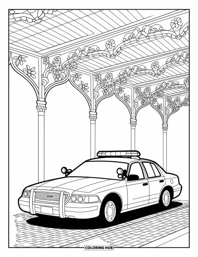 Tegning af politibetjent til voksne: Politibil under blyglasbuede dekoreret med blomster og blade