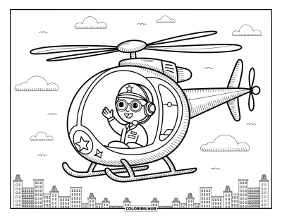 Tegning af politibetjent til voksne: Politihelikopter med en glad betjent, der vinker indefra