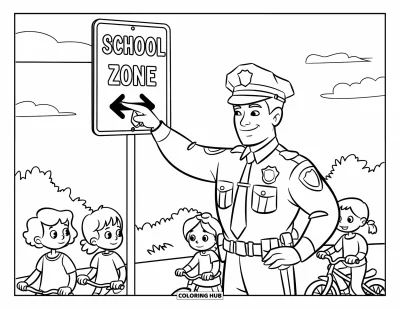 Tegning af politibetjent til børn: Betjent peger på et skolezone-skilt mens børn passerer forbi