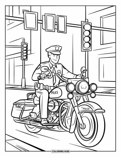 Tegning af politibetjent til børn: Betjent med hjelm på en blank motorcykel nær trafiklys