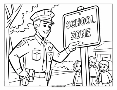 Tegning af politibetjent til børn: Politibetjent peger på et skolezone-skilt med børn i nærheden