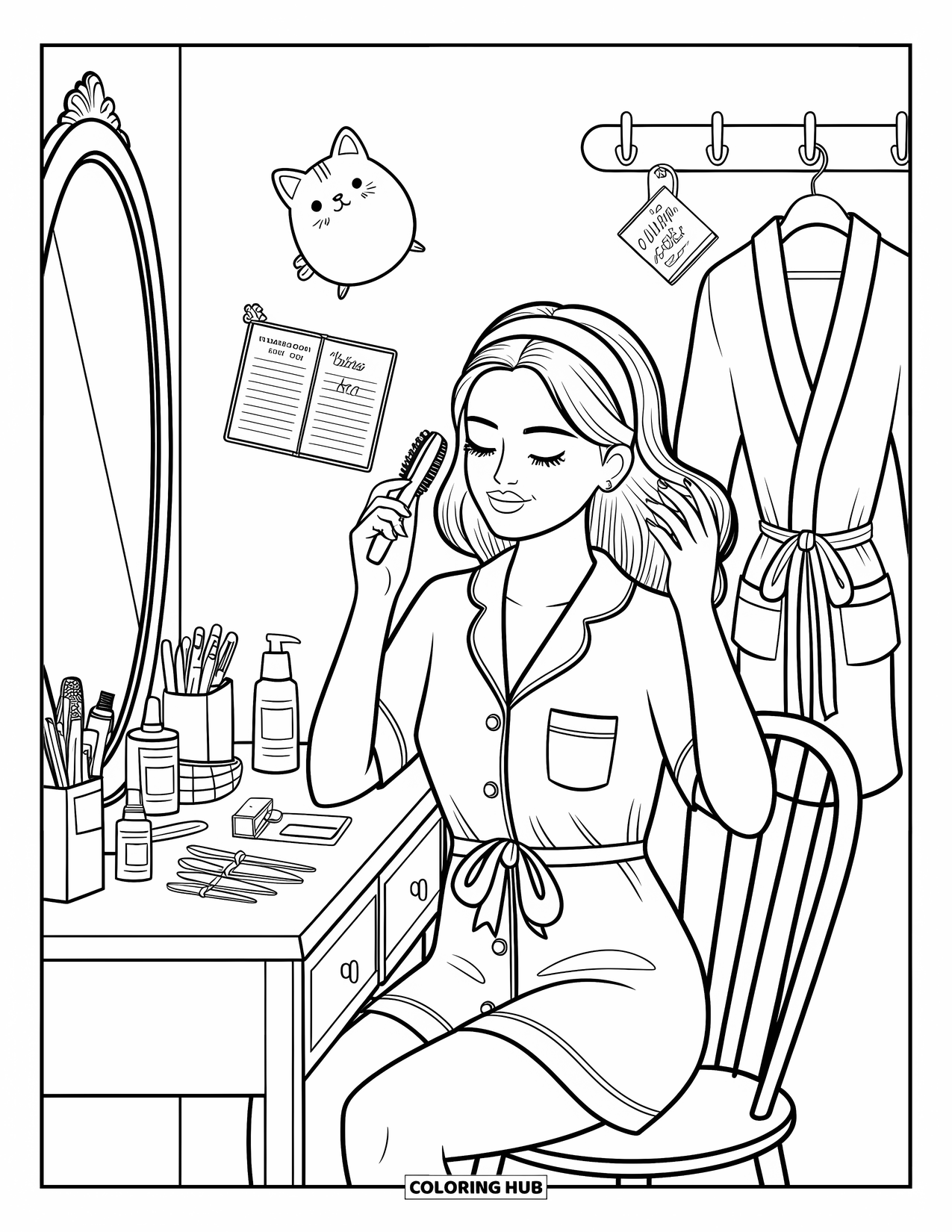 Preppy Girl Coloring Page for Adults: Preppy girl brushing hair at vanity with perfumes and skincare bottles