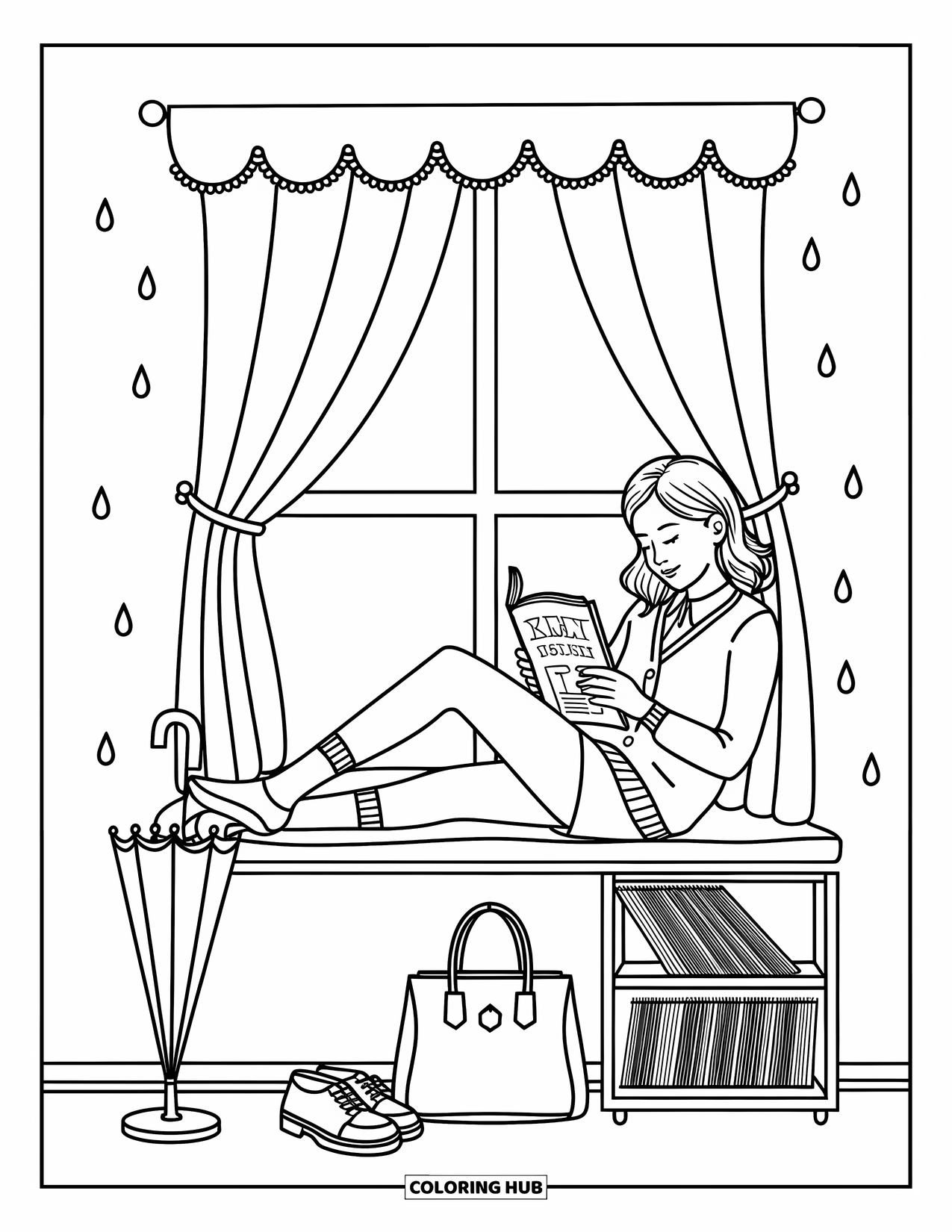 Preppy Girl Coloring Page for Adults: Preppy girl sitting by a window bench with umbrella and records