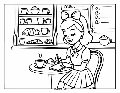 Omalovánka preppy dívky pro dospělé: Preppy dívka kreslí do diáře s croissantem a kávou po boku