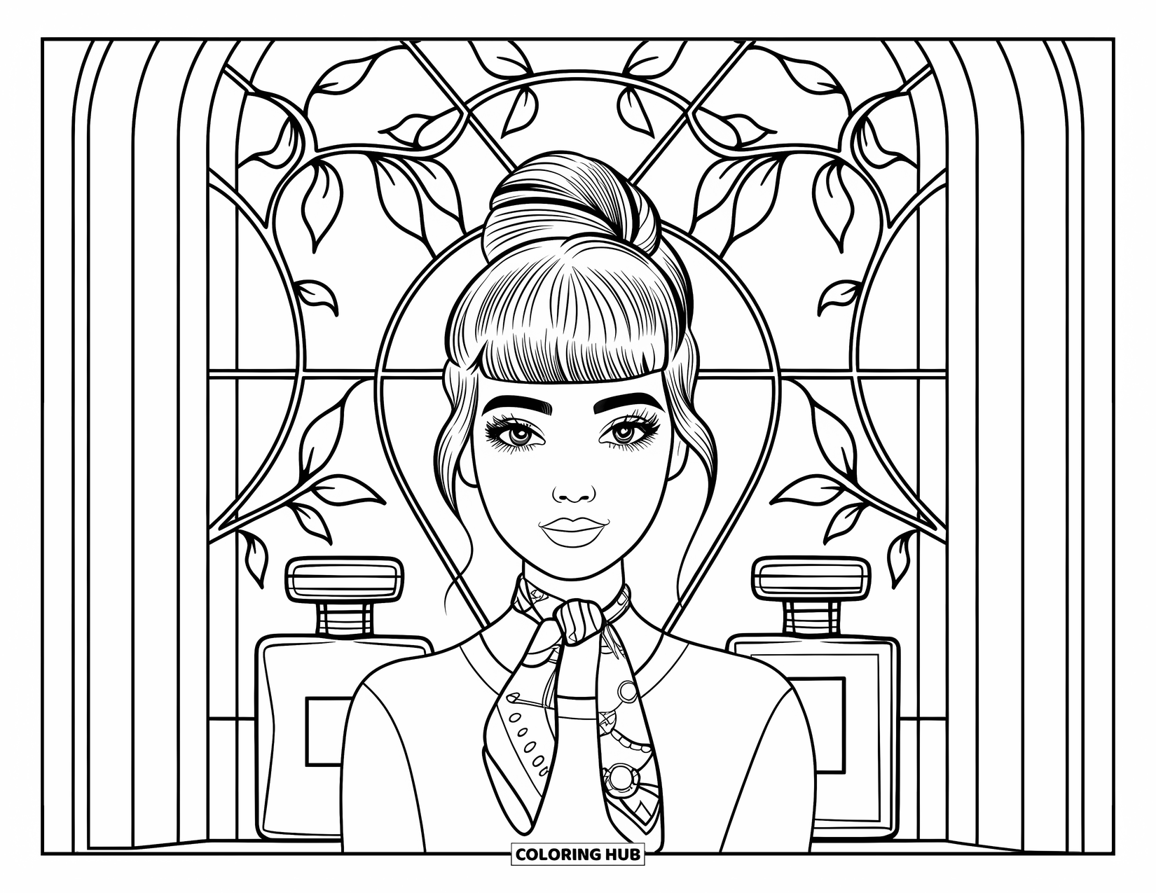 Preppy Girl Coloring Page for Adults: Preppy girl with scarf and bun in front of a stained glass window
