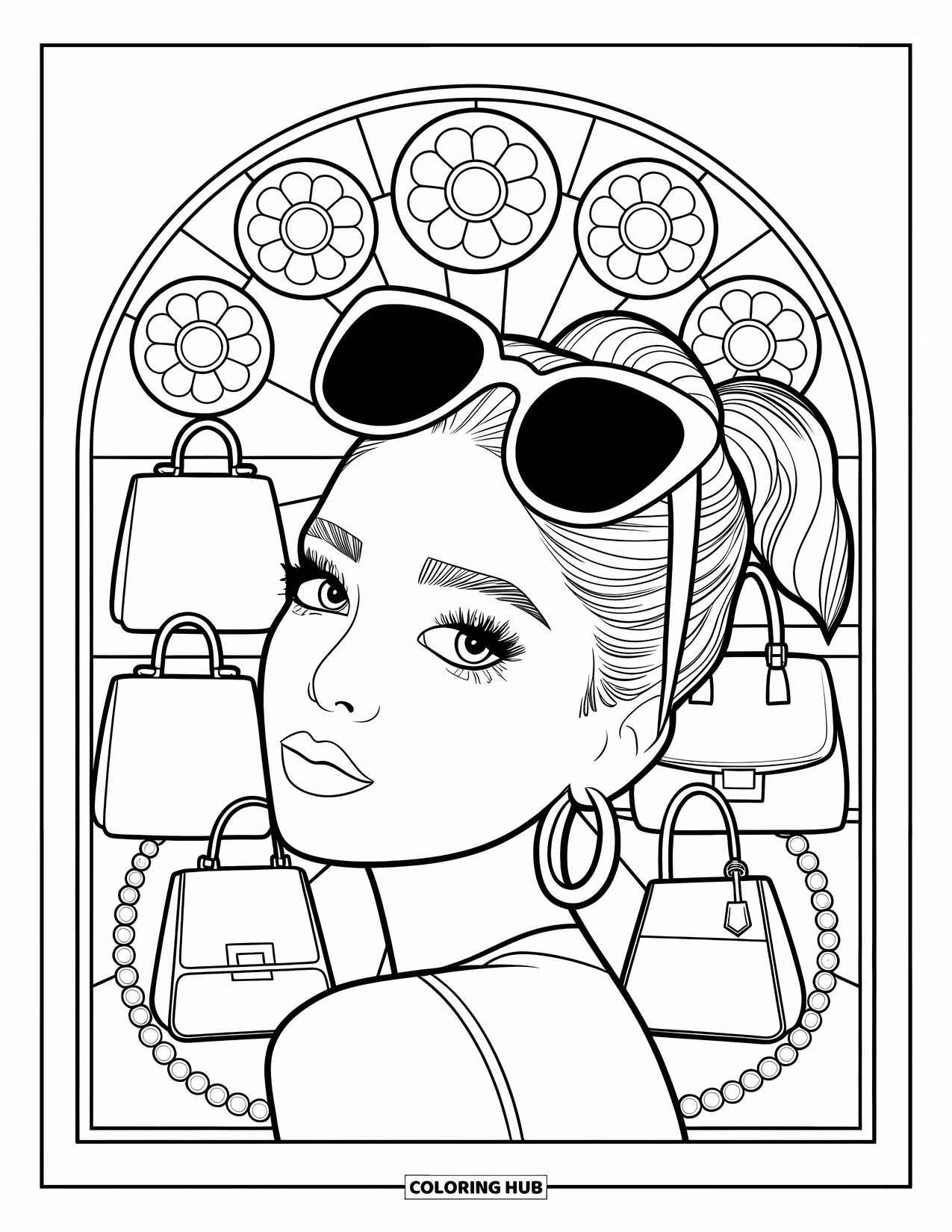 Preppy Girl Coloring Page for Adults: Side-gazing preppy girl with sunglasses and hoops inside floral stained glass