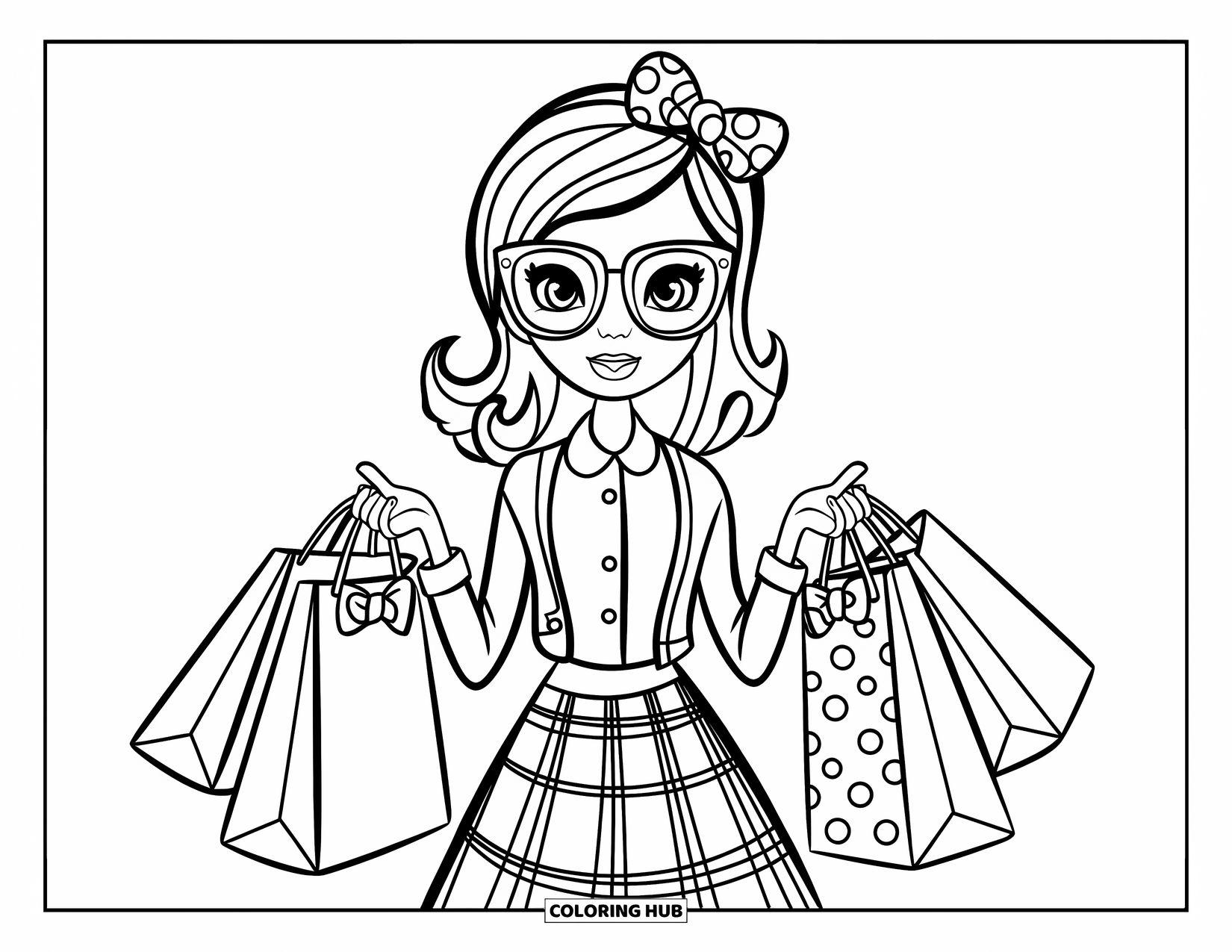 Preppy Girl Coloring Page for Kids: Preppy girl holding shopping bags with bows and polka dots