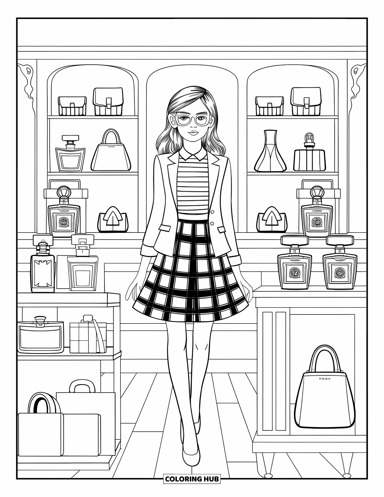 Preppy Girl Coloring Page for Kids: Preppy girl in blazer browsing handbags and perfumes
