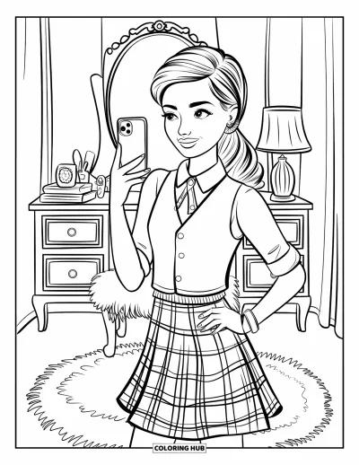 Omalovánka preppy dívky pro děti: Preppy dívka si fotí selfie do zrcadla ve stylovém pokoji